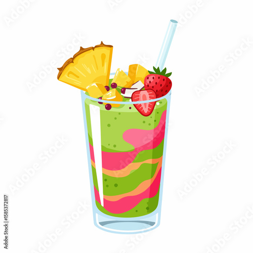 Fresh fruit smoothie in glass with pineapple, mango, and strawberry looks delicious. Colorful fruit smoothie in glass with fresh ingredients,