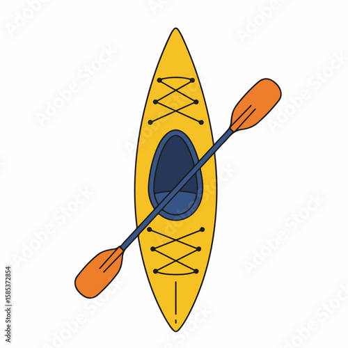 Yellow kayak with paddle, an illustration of recreational boating equipment for summer adventures. Kayak, recreational boating design in summery yellow, with a sporty appeal.