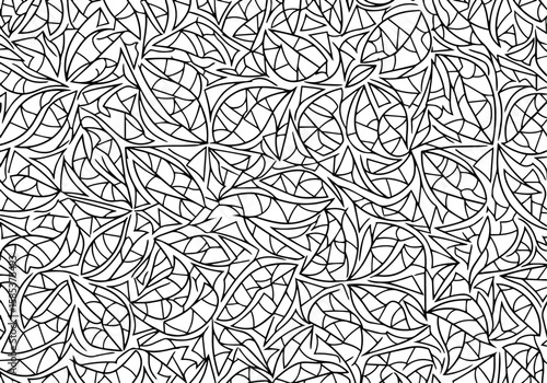 An intricate black and white seamless pattern of interwoven leaves, artistically rendered with a complex, stained-glass mosaic style. Vector Pattern