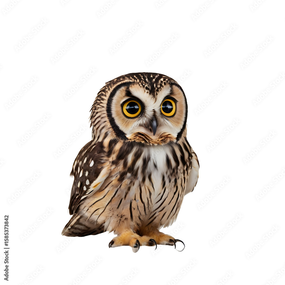 Naklejka premium Little cute owl with big cartoon eyes on a transparent background