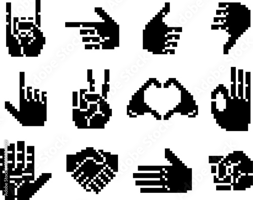 Set of bold black 8 bit pixel art hand gestures, including peace, love, OK, and thumbs up. Retro digital aesthetic with simplified shapes, evoking early iconography and nostalgic gaming styles.