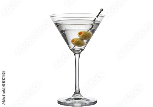 A classic martini cocktail with olives in a clear glass, isolated on transparent background
