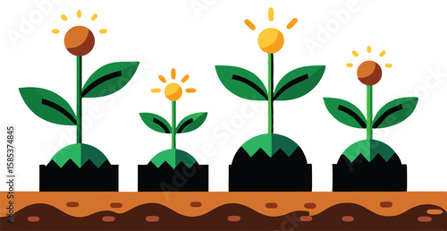 A illustrations depicting the stages of plant growth, from seed to fully bloomed flower, often with elements of human interaction like watering can