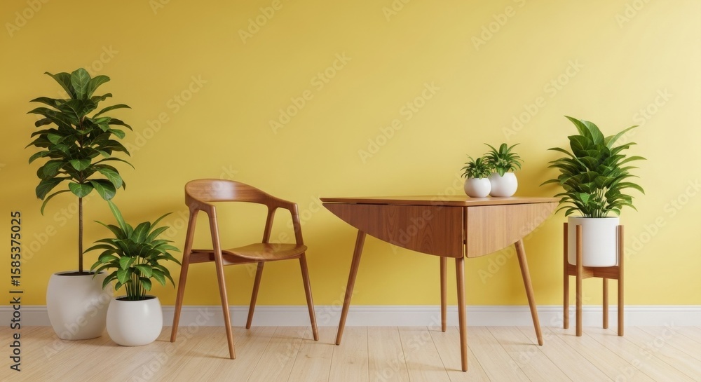 Fototapeta premium Modern interior design featuring a wooden table and chair against a vibrant yellow wall with plants