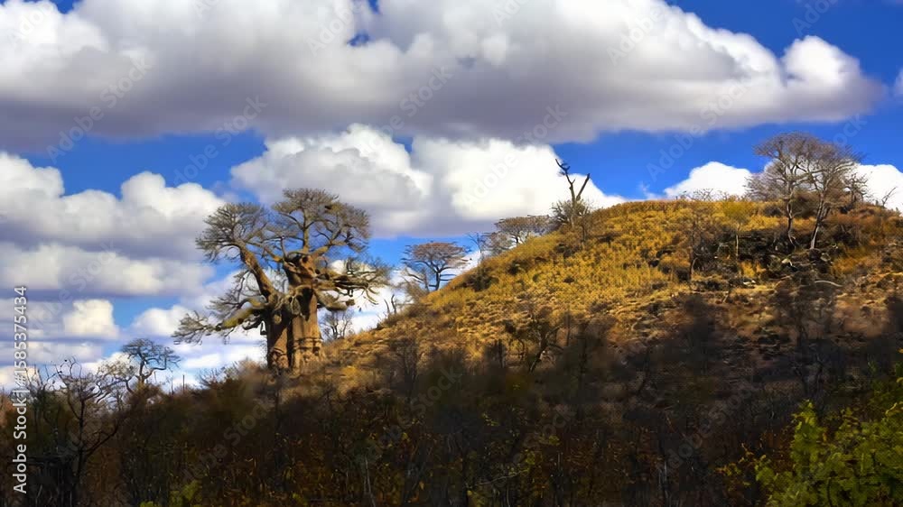 Baobab tree in Kruger National Park with fast-moving clouds, time lapse Baobab tree in Kruger National Park with fast-moving clouds, time lapse