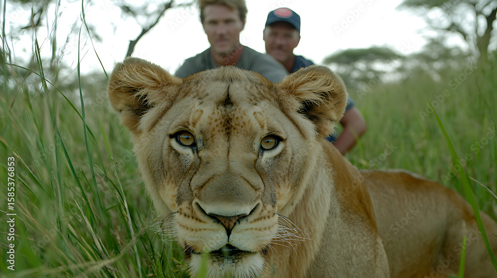 Obraz premium A captivating lioness portrait, eye-to-eye with the viewer, set against a backdrop of tall grasses and two distant figures. Nature meets observation.