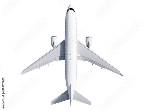 A - Top View of White Commercial Airplane with Detailed Wings and Tail, Isolated PNG”