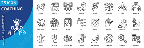 coaching icon set collection in outline style. an icon pack contain leadership, skill, mentor, guide, train, teach, support, advise, lead, grow, inspire, goal, focus, skill, plan, motivate, action