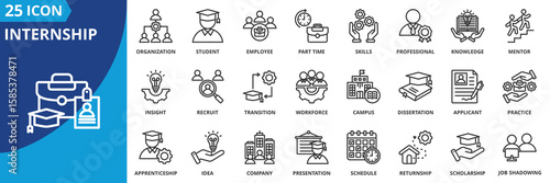 internship icon set collection in outline style. an icon pack contain professional, part time, employee, organization, student, skills, knowledge, mentor , insight, recruit, practice, apprenticeship