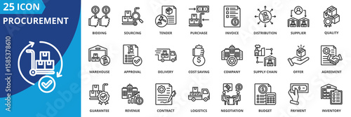 procurement icon set collection in outline style. an icon pack contain purchase, supplier, contract, sourcing, invoice, tender, bidding, negotiation, supply chain, delivery, logistics, inventory