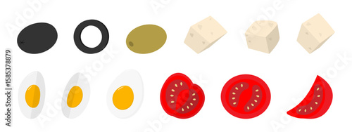Black and Green Olives Cheese Cubes Hard Boiled Egg and Tomato Slices Salad or Pizza Ingredients Set