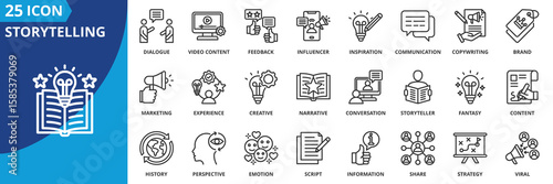 storytelling icon set collection in outline style. an icon pack contain narrative, plot, script, dialogue, video content, strategy, influencer, inspiration, communication, content, marketing, viral