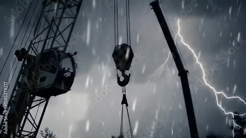Construction Crane Silhouetted Against a Stormy Sky with Rain and Lightning Strike at Dusk
