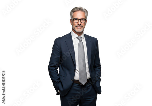 A confident businessman in a suit with glasses is isolated on transparent background, exuding professionalism and success