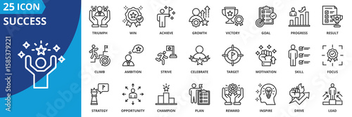 success icon set collection in outline style. an icon pack contain goal, achieve, win, growth, progress, victory, result, triumph, target, reward, celebrate, motivation, strive, climb, lead, inspire