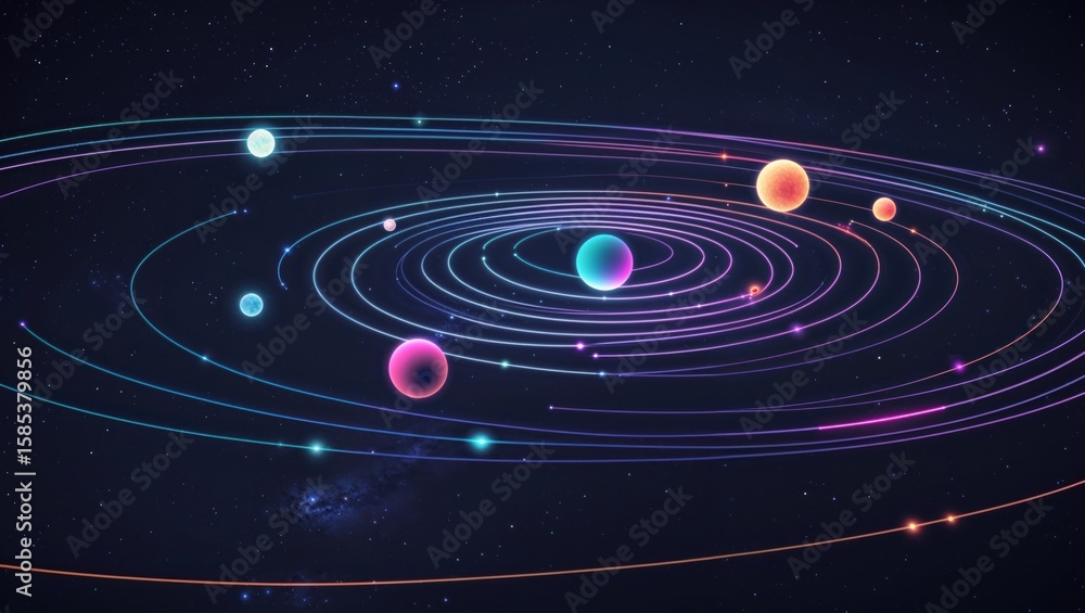 Fototapeta premium Displaying planetary system rotating on cosmic sky, with neon rings, gradient planets, star points