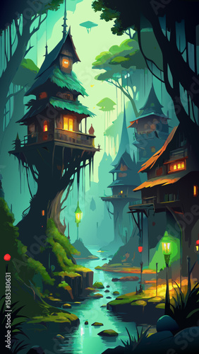 A Mysterious Village on Stilts in a Bioluminescent Swamp