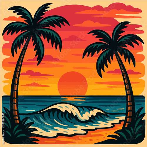 Tropical Sunset Beach Vector Illustration with Palm Trees, Ocean Waves and Vibrant Sky
