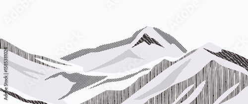 Mountain hill and texture background vector. Abstract Mountain landscape with line art, pencil line, grunge, dot halftone pattern. Wallpaper design for print, wall art, cover and interior.