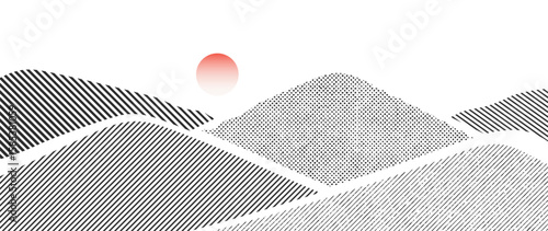 Mountain hill and texture background vector. Abstract Mountain landscape with line art, grunge, dot halftone pattern, moon, sun. Wallpaper design for print, wall art, cover and interior.
