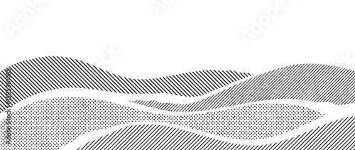 Mountain hill and texture background vector. Abstract Mountain landscape with line art, pencil line, grunge, dot halftone pattern. Wallpaper design for print, wall art, cover and interior.