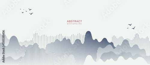 Mountain hill and texture background vector. Abstract Mountain landscape with line art, wavy, curve, bird. Wallpaper design for print, wall art, cover and interior.
