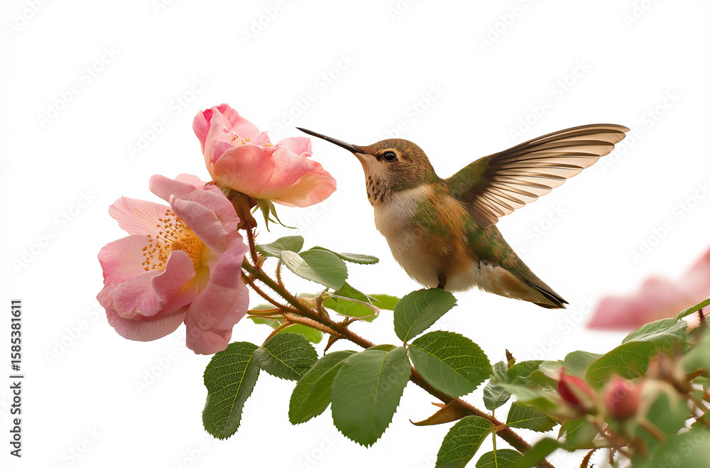 Fototapeta premium Hummingbird drinking nectar from a rose, formal photo, high definition
