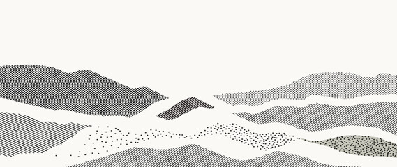 Canvas schilderij Wit Mountain hill and texture background vector. Abstract Mountain landscape with line art, pencil line, grunge, dot halftone pattern. Wallpaper design for print, wall art, cover and interior.  © TWINS DESIGN STUDIO