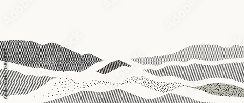 Mountain hill and texture background vector. Abstract Mountain landscape with line art, pencil line, grunge, dot halftone pattern. Wallpaper design for print, wall art, cover and interior.