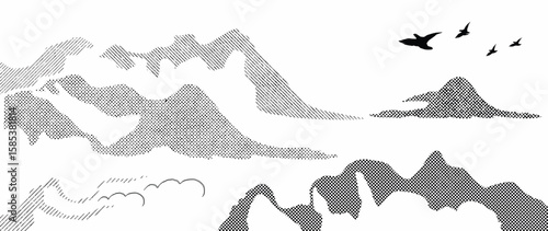 Mountain hill and texture background vector. Abstract Mountain landscape with line art, pencil line, grunge, dot halftone pattern, bird. Wallpaper design for print, wall art, cover and interior.