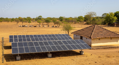 Illustration of solar panels provide renewable energy to rural village with traditional house and grazing goats under clear blue sky