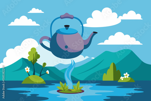 A Tea Kettle Floating Above a Lake Pouring Steam Clouds