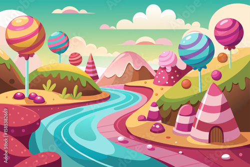 A Whimsical Candy Land Landscape with a Flowing Chocolate River