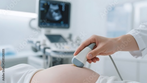Doctor Performing Ultrasound Scan on Pregnant Woman – Prenatal Care and Medical Examination Concept