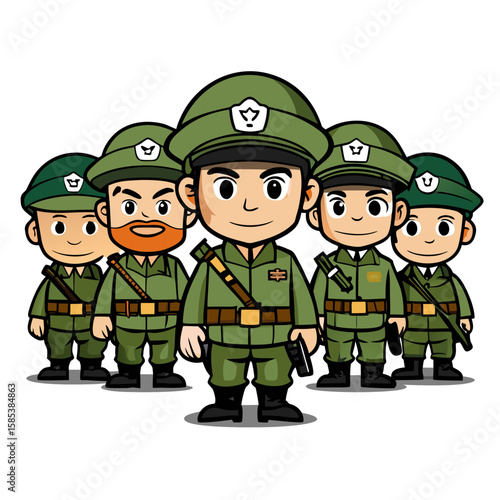 Vector art of cartoon soldiers are standing together in a group formation