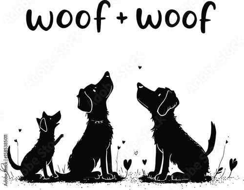 Dog Family Silhouette Doodle – Black and White Icons of Sitting Pups, Heart Details, and Whimsical “Woof” Text