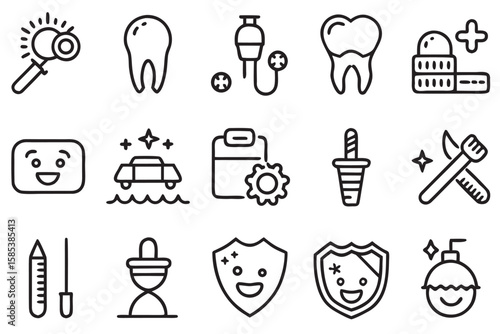 Dental care icons including teeth magnifying glass and medical equipment tooth hygiene