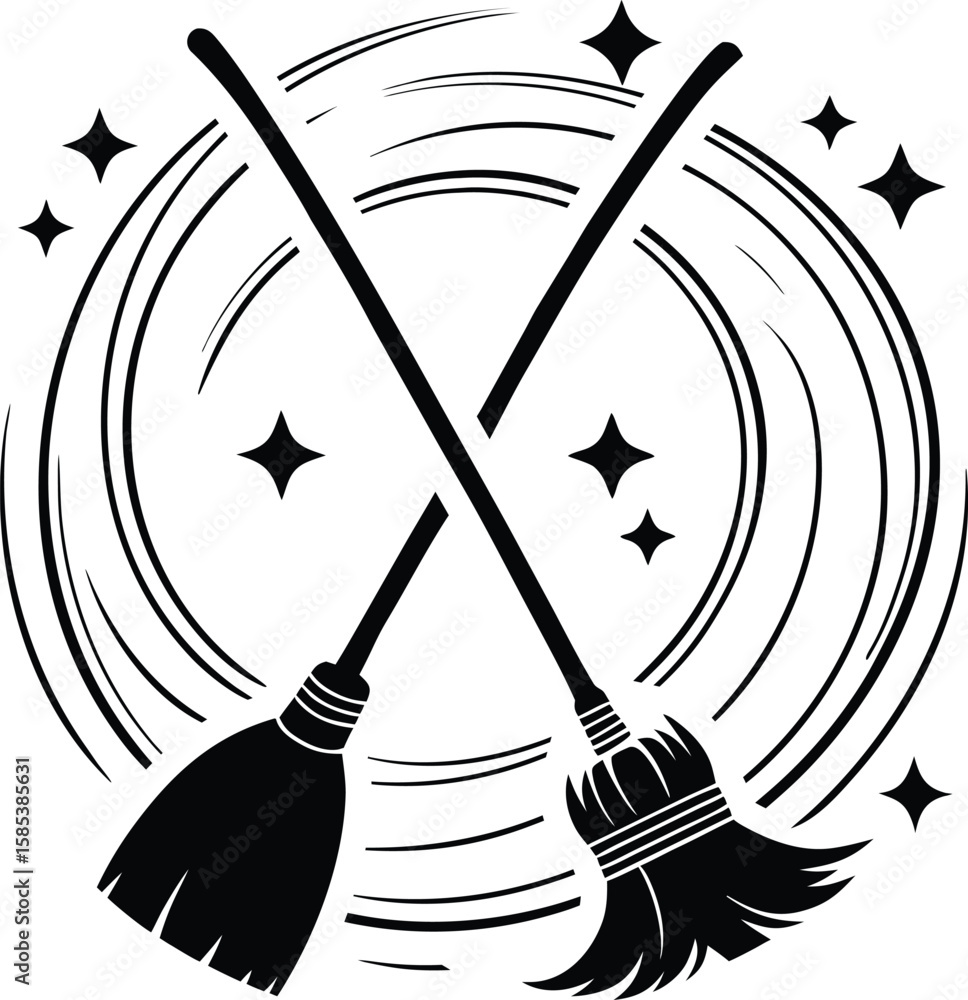 Fototapeta premium Crossed Magical Brooms with Swirl and Sparkles in Silhouette