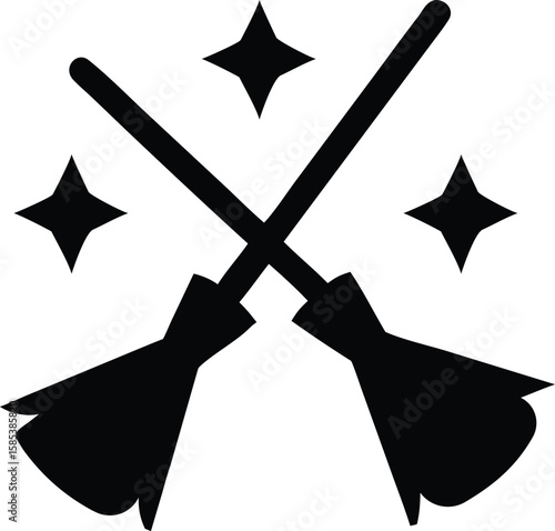 Silhouette of Crossed Witch Brooms with Sparkles