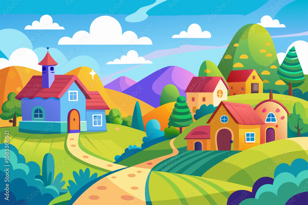 Naklejka premium Bright Cartoon Village with Colorful Small Houses