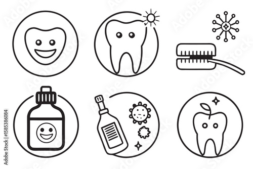 Dental care icons smiling tooth mouthwash bottle and toothbrush vector