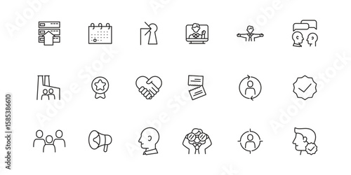 Icon set of open recruitment human resource employee business company, include design of prosedur, position, interview, job hunt, schedule, sign up, industry, office, 