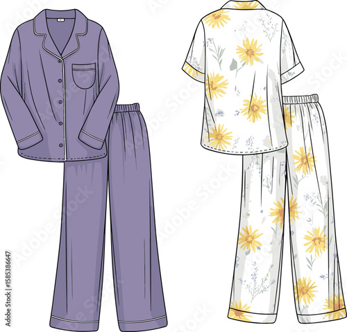 Stylish women's comfortable sleepwear, loungewear pajama sets, long sleeve and short sleeve button-up shirts, wide-leg pants, floral and solid color fashion illustration, CAD drawing flat vector . 