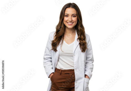 A smiling woman doctor in a lab coat isolated on transparent background