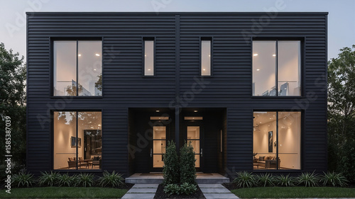 Modern architectural design of a contemporary duplex exterior showcasing elegant dark wood siding and large windows with interior lighting