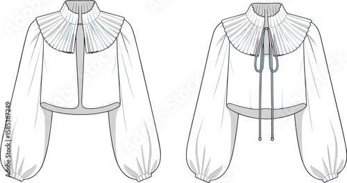 Fashionable Cropped Blouse CAD Drawing Flat Vector Illustration, Elegant Womenswear Design with Pleated High Collar and Voluminous Sleeves, Modern Apparel Template