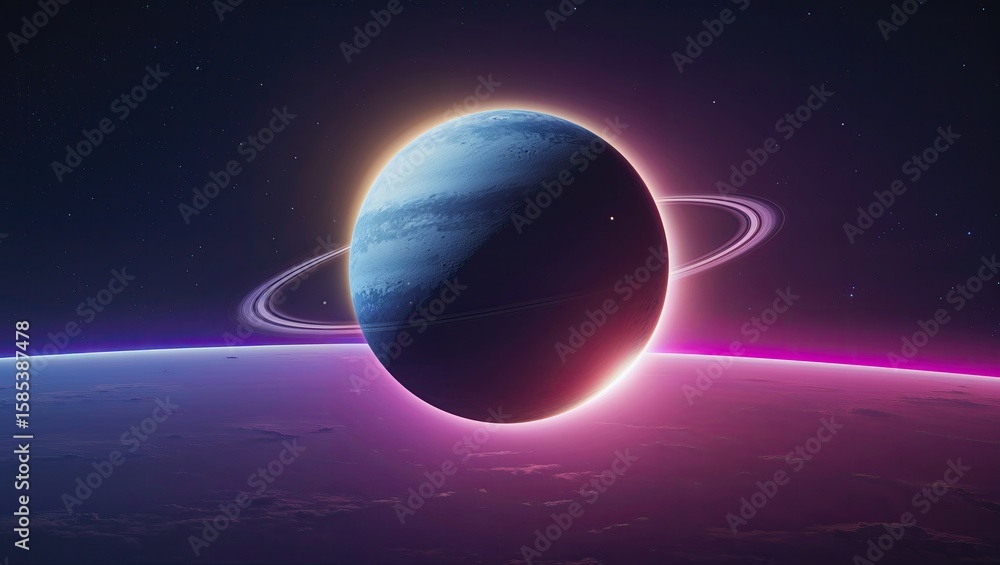 Fototapeta premium Floating ringed gas giant glowing above lit horizon in low orbit, revealing distant starfield