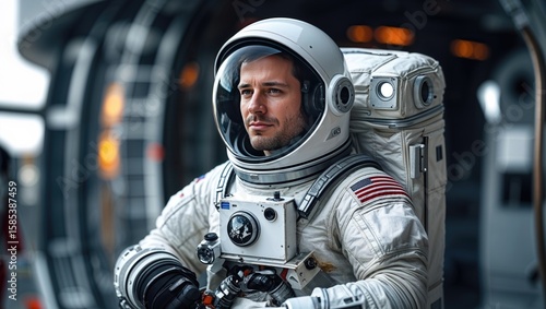 Standing astronaut wearing spacesuit inside spacecraft, with helmet and life support backpack