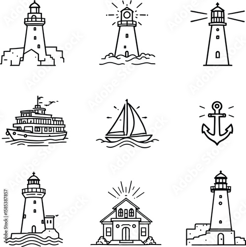 Guiding Lights & Maritime Icons  Monochrome Grid Featuring Lighthouses, Sailboats, Anchors, Ships, Waves, and Radiating Beams of Light
