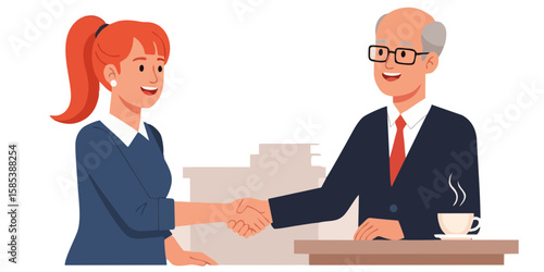 Business agreement showcased with an older businessman and a younger businesswoman shaking hands and confirming a professional deal